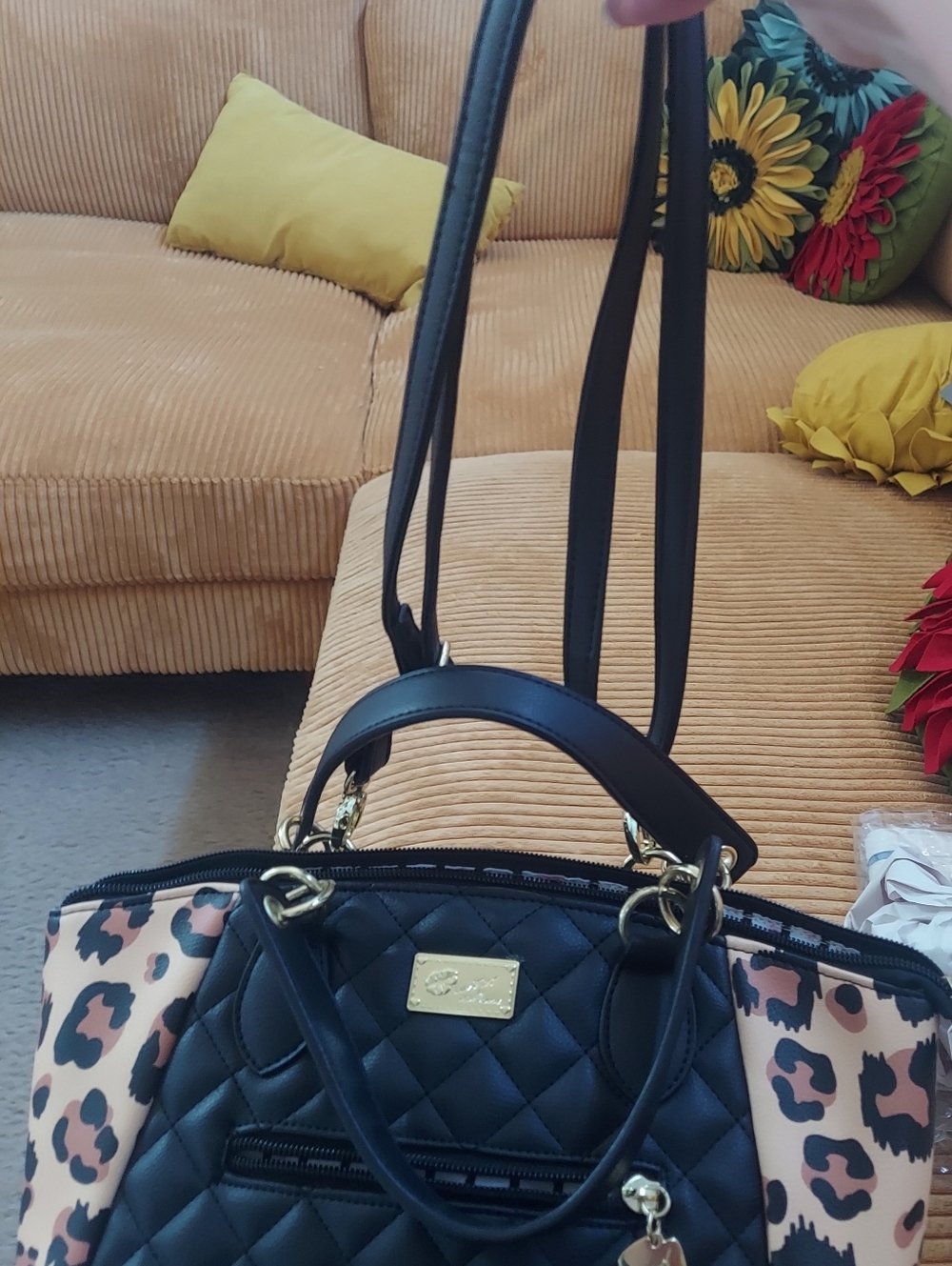 Luv Betsy Quilted Black Tote with Leopard Print Side Panels - Picture 2 of 13